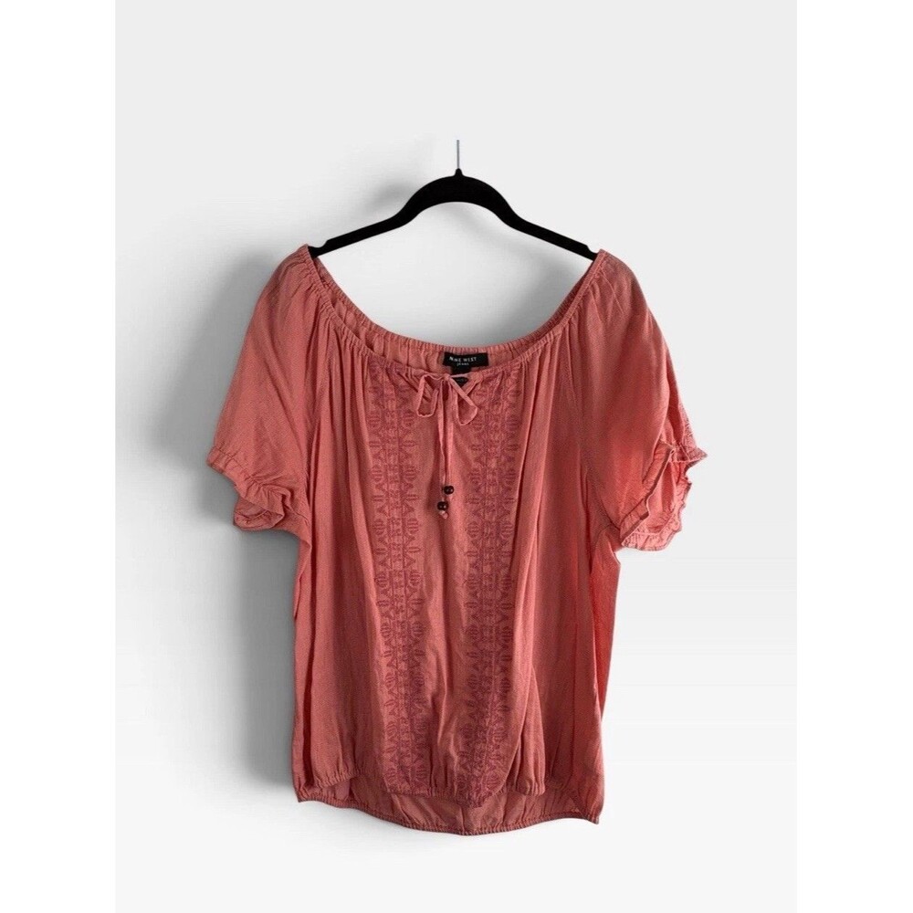 Nine West Womens Shirt Adult Size Large Coral Pink Peasant Lace Tie Neckline